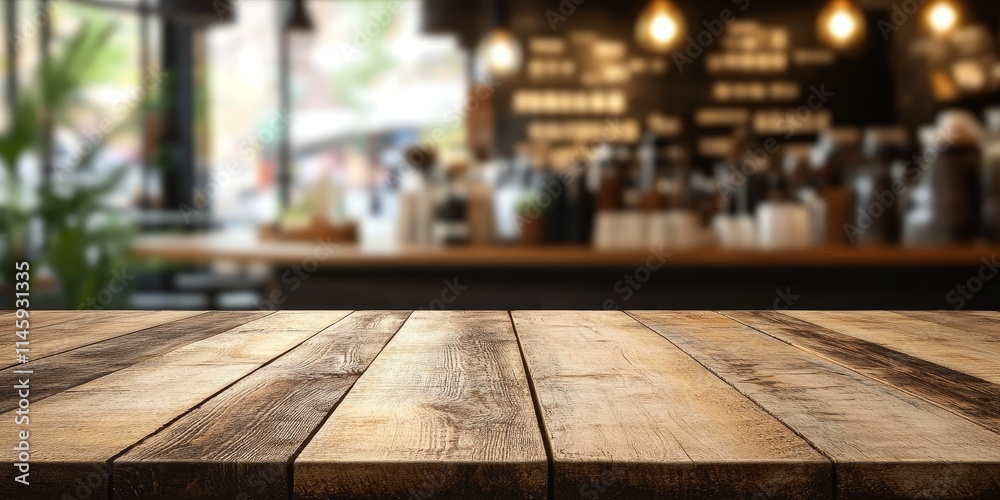 Wooden table featuring a blurred coffee shop scene, creating an abstract background that enhances the visual appeal of a cozy coffee atmosphere. The wooden table adds a rustic touch to the coffee