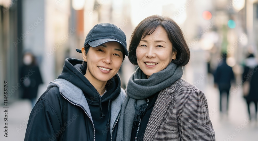 Two asian women smiling outdoors in casual winter attire on a busy street Two asian women smiling outdoors in casual winter attire on a busy street