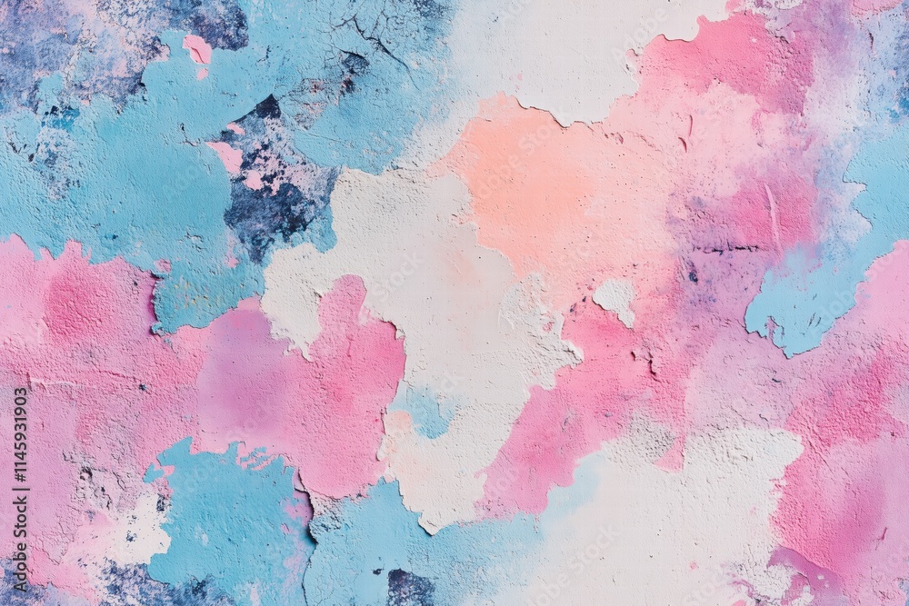 Seamless vibrant abstract wall with a mix of pastel colors including pink, blue, and white. The texture shows cracks and layers, creating an artistic and modern feel.