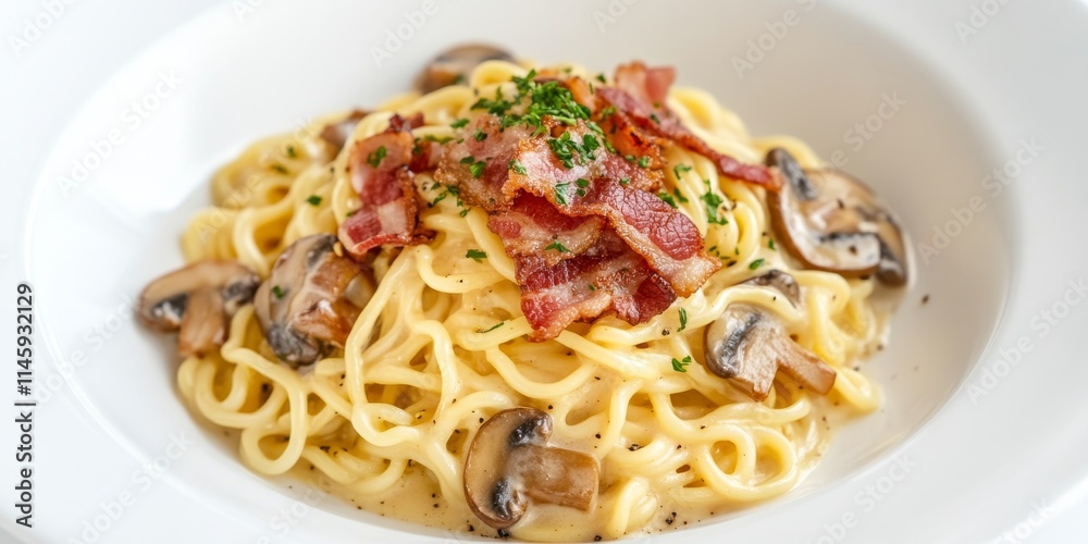 Delicious fusion food featuring instant noodles served with a rich carbonara sauce, topped with mushrooms and crispy bacon on a white plate, perfect for those seeking unique flavors. Delicious fusion food featuring instant noodles served with a rich carbonara sauce, topped with mushrooms and crispy bacon on a white plate, perfect for those seeking unique flavors.