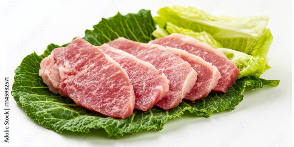 Sliced meat on a fresh cabbage leaf, showcasing raw meat beautifully presented and isolated against a crisp white background, highlighting the texture and quality of the sliced meat. Sliced meat on a fresh cabbage leaf, showcasing raw meat beautifully presented and isolated against a crisp white background, highlighting the texture and quality of the sliced meat.