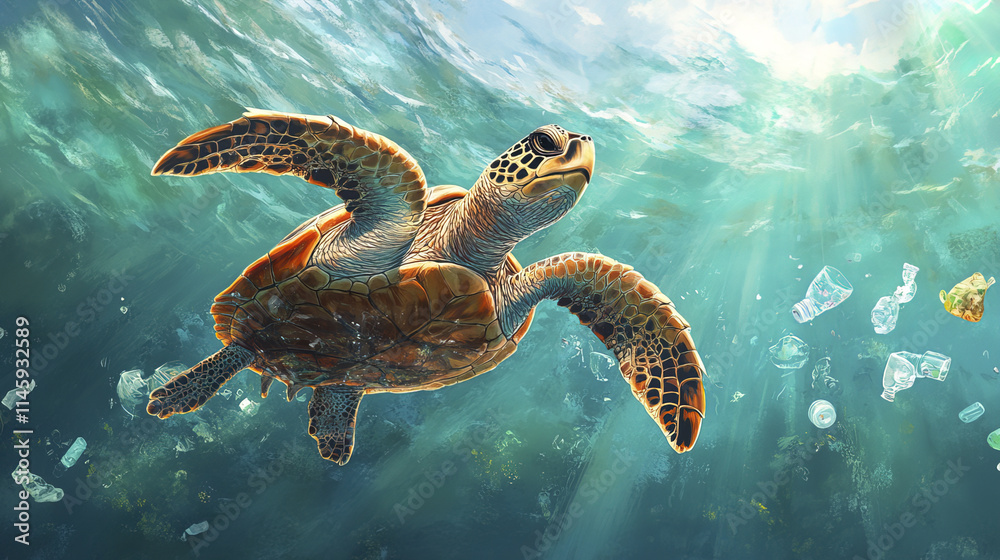 Obraz premium sea turtle swims gracefully through littered ocean, showcasing impact of plastic waste
