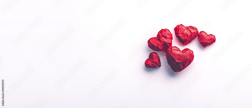 Four vibrant red hearts rest gracefully on a pristine white surface, symbolizing love and affection in a captivating display of romance. Four vibrant red hearts rest gracefully on a pristine white surface, symbolizing love and affection in a captivating display of romance.