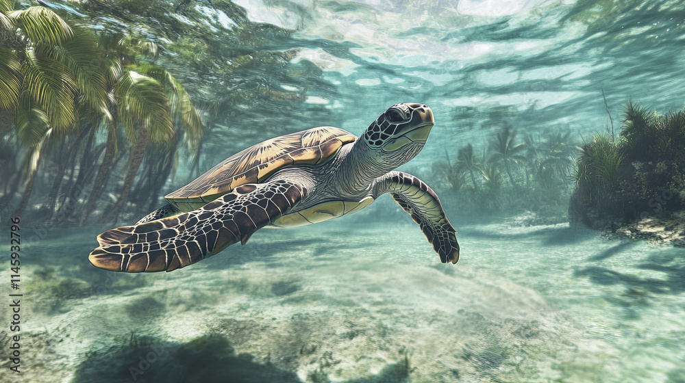 Obraz premium sea turtle gracefully swims in clear tropical waters surrounded by palm trees