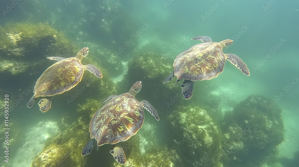 Three sea turtles swimming gracefully in clear blue water Three sea turtles swimming gracefully in clear blue water