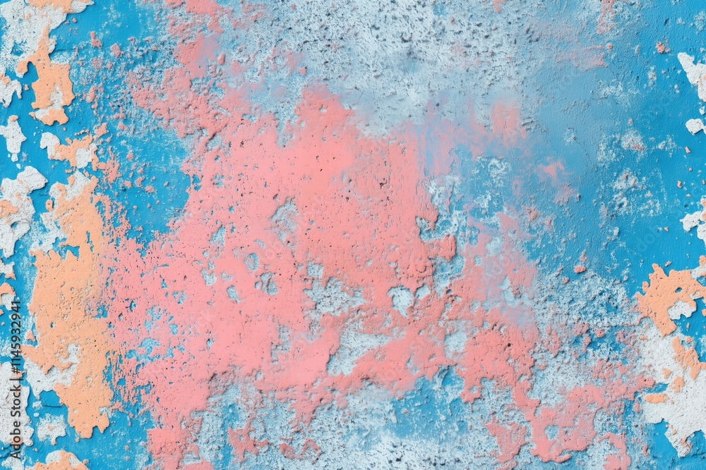 Seamless textured surface featuring peeling paint in shades of blue, pink, and orange, creating an abstract pattern. The colors blend and contrast, showcasing wear and age. Seamless textured surface featuring peeling paint in shades of blue, pink, and orange, creating an abstract pattern. The colors blend and contrast, showcasing wear and age.