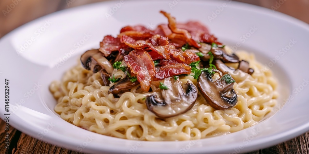 Delicious fusion food featuring instant noodles served with a rich carbonara sauce, topped with mushrooms and crispy bacon on a white plate, perfect for those seeking unique flavors. Delicious fusion food featuring instant noodles served with a rich carbonara sauce, topped with mushrooms and crispy bacon on a white plate, perfect for those seeking unique flavors.