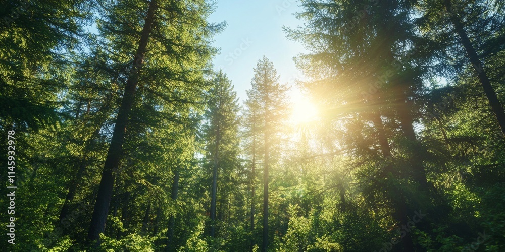 Obraz premium Vibrant green pine forest under bright sunlight, showcasing sun rays and lens flare filtering through the branches of tall green pine trees, creating a serene and picturesque atmosphere.