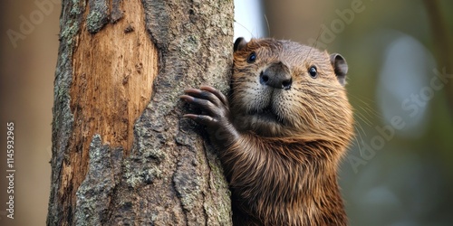 Beaver gnawing on bark exemplifies the fascinating behavior of beavers in their natural habitat. This beaver exhibits its skillful gnawing technique on the bark of trees. photo