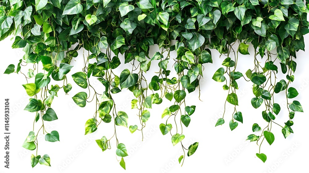 A display of hanging plants with cascading green leaves, isolated on a white background A display of hanging plants with cascading green leaves, isolated on a white background