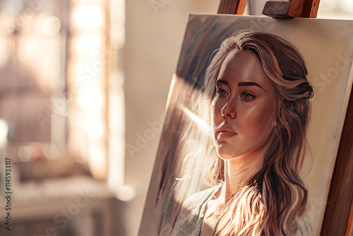 Woman portrait painting on an artist's easel