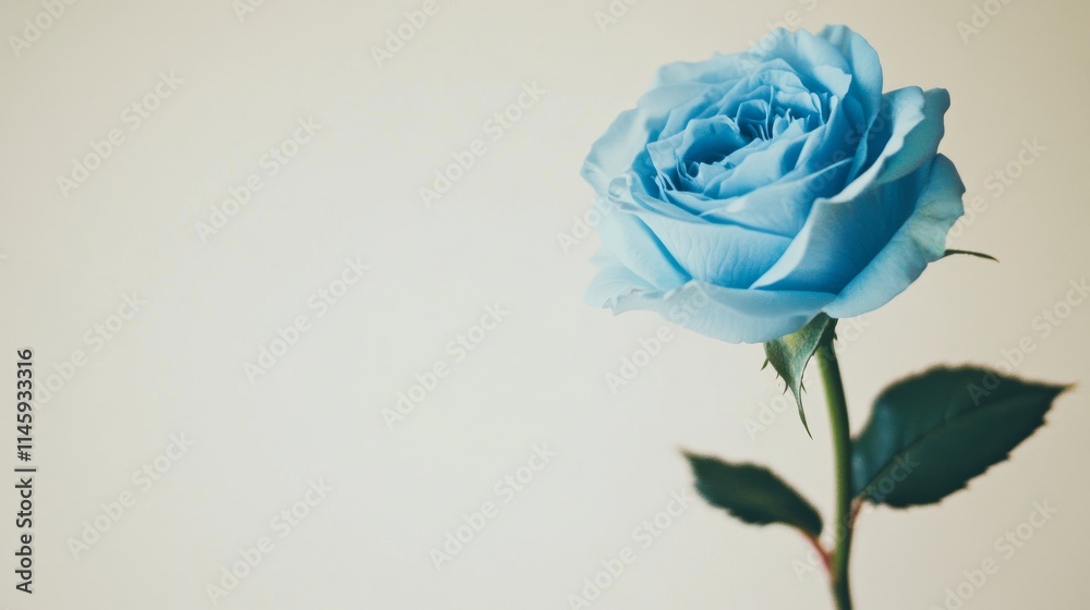 Fototapeta premium A single pastel blue rose against a muted cream background, close-up shot, Minimalist style