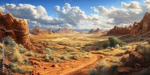 Desert rock formations and rugged tracks create a stunning wild and nature scenic landscape, embodying the essence of the desert s beauty and untamed spirit. This scenic land captivates the photo