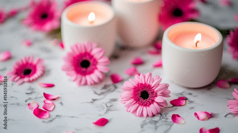 Soft candlelight dances on marble, surrounded by delicate pink flowers and scattered petals, creating a romantic haven perfect for Valentine's Day. Soft candlelight dances on marble, surrounded by delicate pink flowers and scattered petals, creating a romantic haven perfect for Valentine's Day.