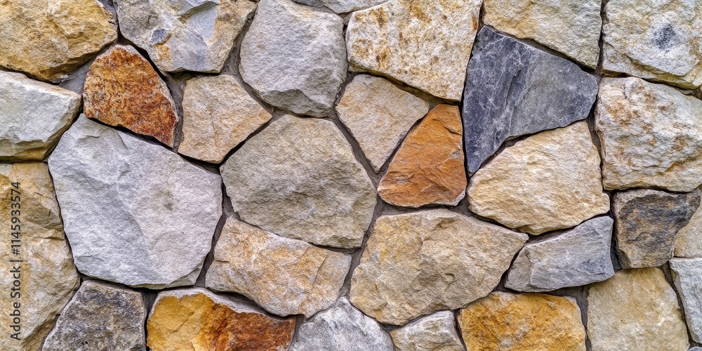 Obraz premium Panoramic view of a textured stone fence garden rock wall featuring a closeup of a stonewall pattern. The stone fence showcases large limestone, slate slabs, and a mix of beige, grey, red, and yellow