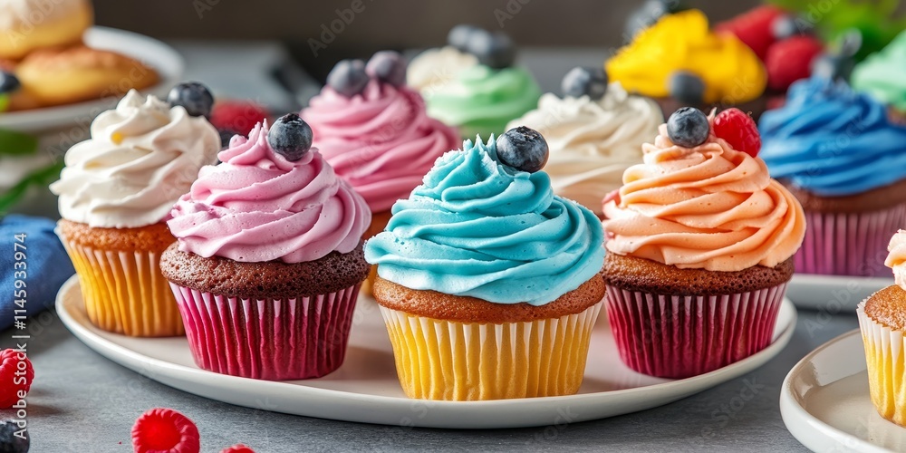 Irresistible cupcakes topped with rich, creamy frosting sit on a table. A serving platter brimming with vibrant, colorful desserts offers a delightful array of sweet treats. Irresistible cupcakes topped with rich, creamy frosting sit on a table. A serving platter brimming with vibrant, colorful desserts offers a delightful array of sweet treats.