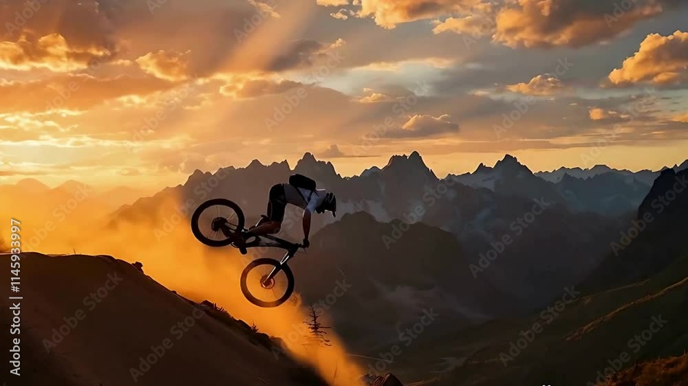 Silhouette of a mountain biker jumping off a trail ramp, framed by a glowing sunset and dramatic mountain scenery.