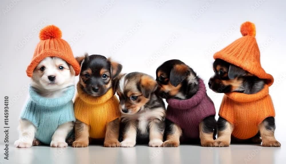 Perritos bebé con ropa de invierno y mirando a cámara. Imagen graciosa, cuqui, tierna