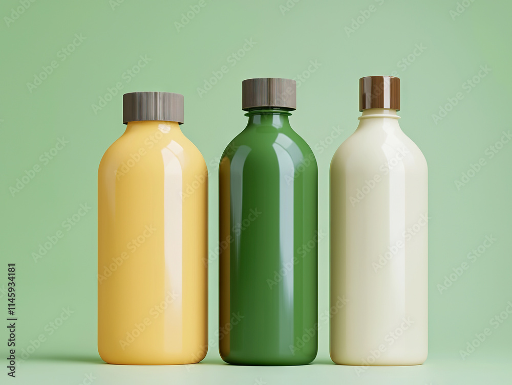 Three colorful eco friendly bottles on green background symbolize sustainable packaging Three colorful eco friendly bottles on green background symbolize sustainable packaging