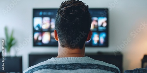 Young man watching fake news on TV at home, highlighting the impact of fake news propaganda. The influence of fake news is evident as he switches channels in search of accurate information.