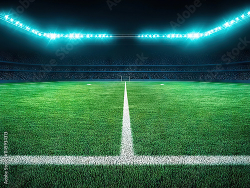 Illuminated football pitch ready for big game, capturing excitement and anticipation