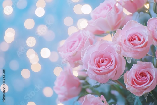 A stunning arrangement of pink roses gracefully fills a vase, beautifully contrasting against a serene blue backdrop, perfect for celebrating love.