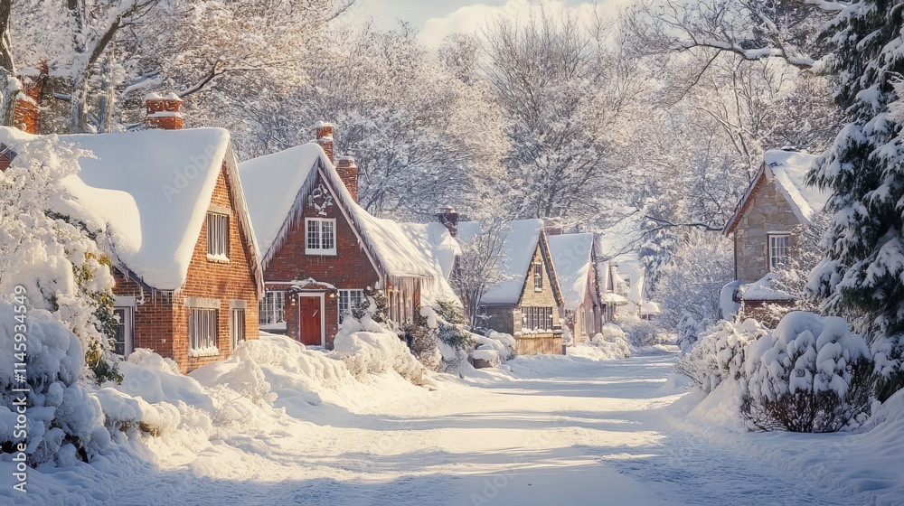 A captivating winter scene unfolds, where charming houses adorned with triangular roofs stand amidst a pristine blanket of snow. The snow-laden streets create an ethereal tapestry A captivating winter scene unfolds, where charming houses adorned with triangular roofs stand amidst a pristine blanket of snow. The snow-laden streets create an ethereal tapestry