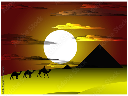 landscape desert caravan and Egyptian pyramids