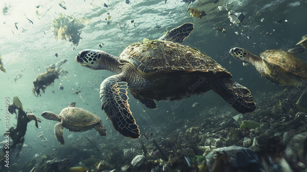 Obraz premium Hyperrealistic sea turtles swimming through polluted water, showcasing environmental issues