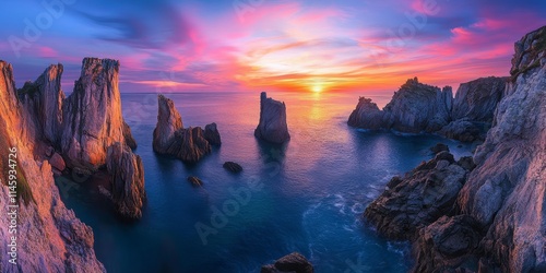 Stunning sunset over the sea featuring vibrant colors in the sky and dramatic rocky formations. This beautiful sunset captures the essence of nature s artistry at the sea. photo