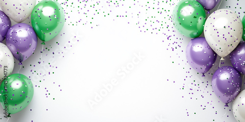 Pastel Party Border: A festive frame of purple, teal, and white balloons with confetti on a white background