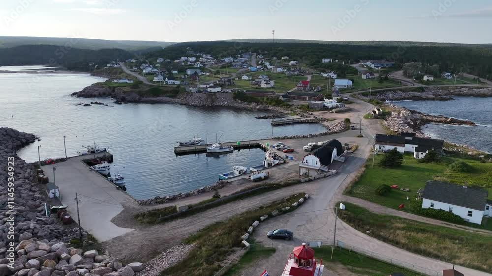 Drone shot of Neils Harbour and countryside at Cape Breton, Nova Scotia Drone shot of Neils Harbour and countryside at Cape Breton, Nova Scotia