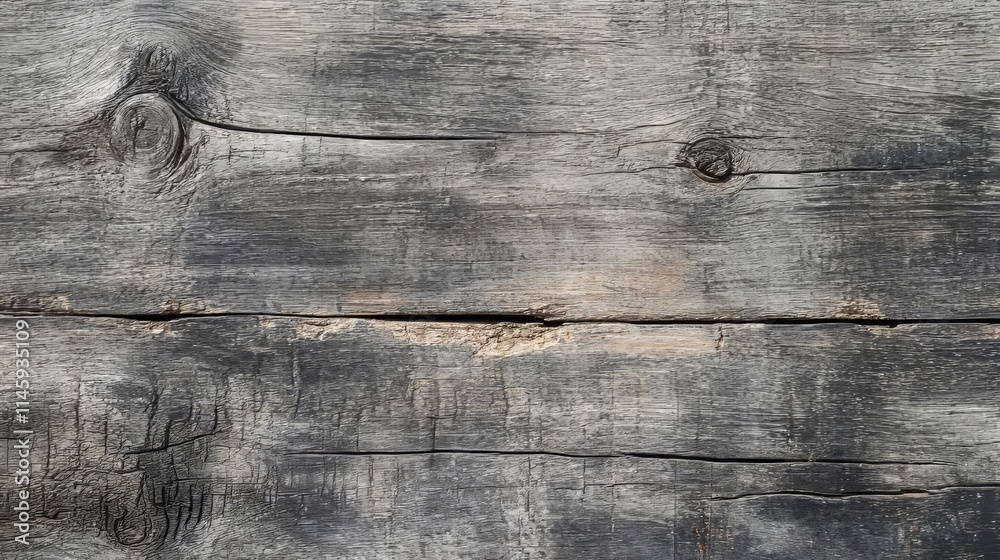 Obraz premium Mid Gray Old Weathered Pinewood Floorboard showcases a rough, cracked, and knotted texture, highlighting the unique grunge surface detail of aged wood in a captivating visual representation.