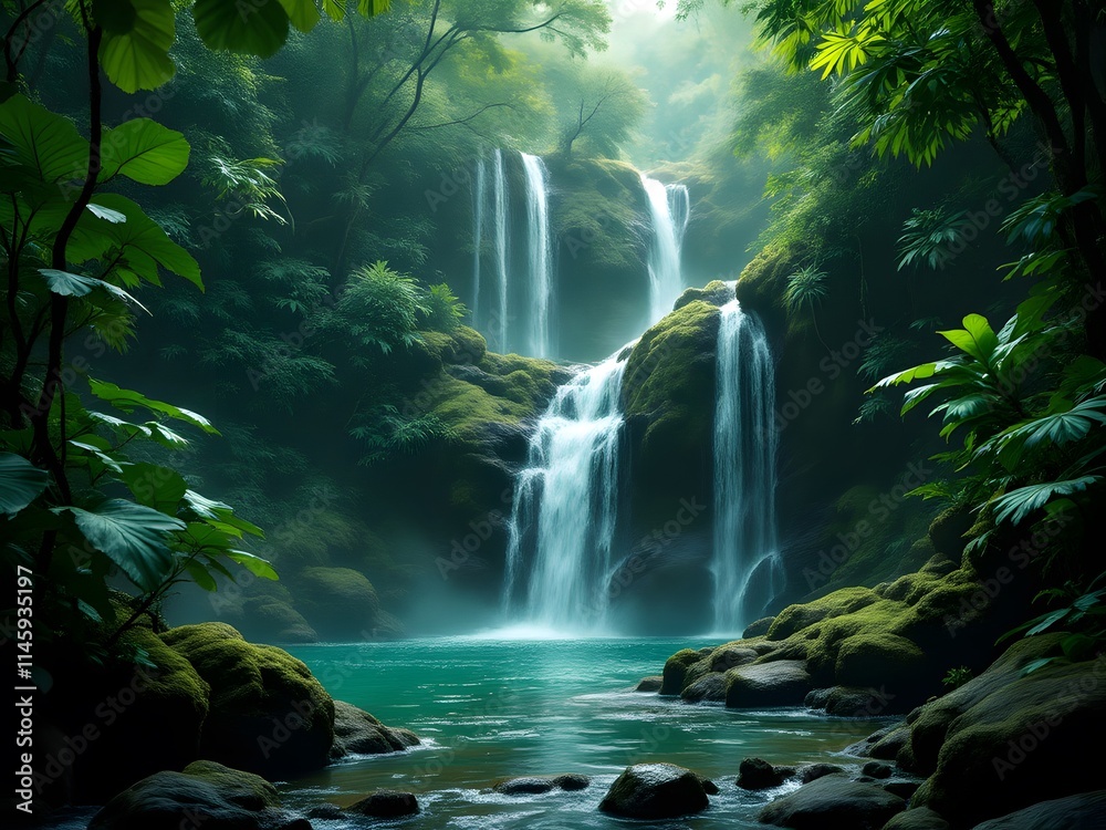Serene Waterfall in Lush Jungle: A Tranquil, Emerald Escape Serene Waterfall in Lush Jungle: A Tranquil, Emerald Escape