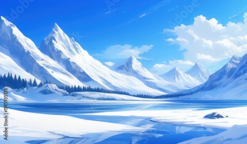snowy mountain landscape with a lake and a few trees