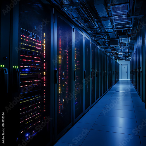 Dark Server Room With Colorful Lights