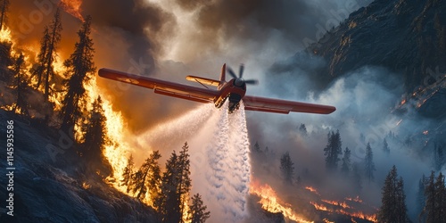 A fire extinguisher plane releases water to combat a forest fire in challenging, rocky terrain. This plane plays a crucial role in fighting forest fires, providing one of the fastest methods to photo