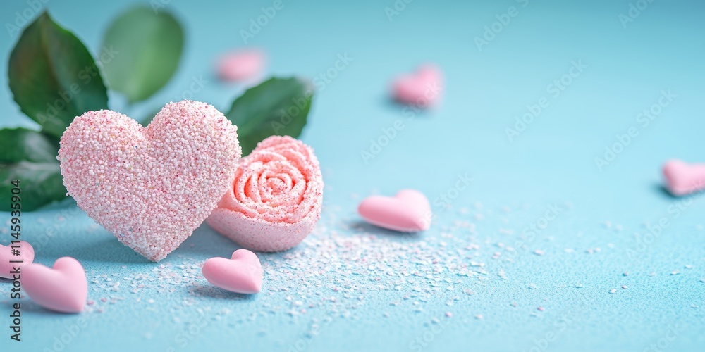 A delicate pink rose rests beside a charming heart-shaped sugar cookie, both beautifully contrasting against a soothing blue backdrop, perfect for Valentine's Day. A delicate pink rose rests beside a charming heart-shaped sugar cookie, both beautifully contrasting against a soothing blue backdrop, perfect for Valentine's Day.