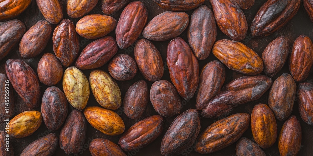 Aromatic cocoa beans create a rich and textured background, showcasing the unique qualities of cocoa beans and enhancing the visual appeal with their enticing aroma and vibrant colors.
