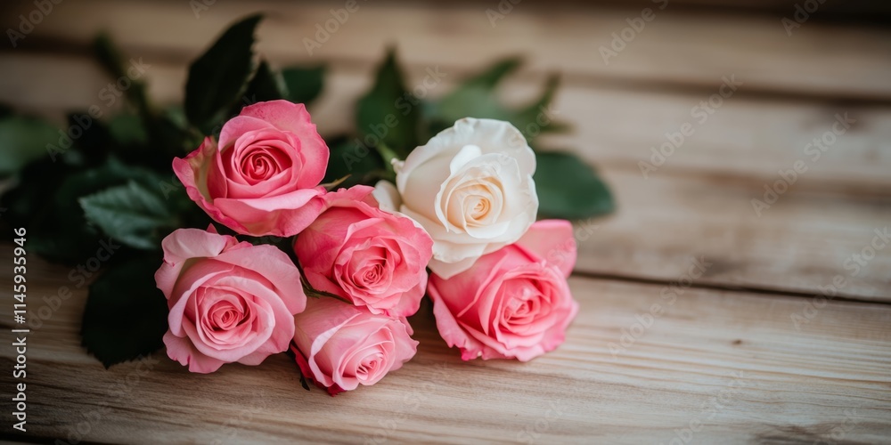 A charming wooden table adorned with delicate pink and white roses, exuding romance and the spirit of love on this enchanting Valentine's Day. A charming wooden table adorned with delicate pink and white roses, exuding romance and the spirit of love on this enchanting Valentine's Day.