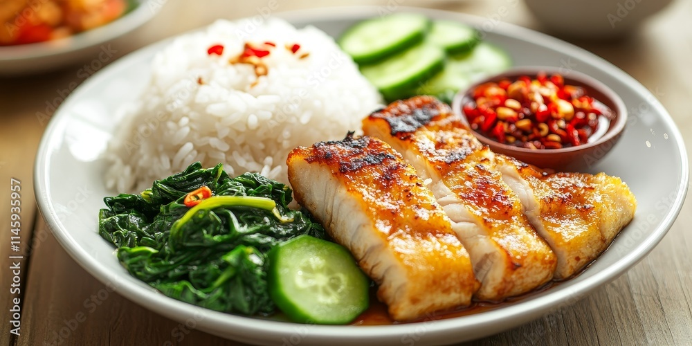 Angle view of a fast food dish featuring steamed fish, water spinach, and pork complemented by cucumber and rice, showcasing the tempting appeal of fast food in this vibrant vertical composition. Angle view of a fast food dish featuring steamed fish, water spinach, and pork complemented by cucumber and rice, showcasing the tempting appeal of fast food in this vibrant vertical composition.