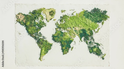 Embossed world map with textured green landmasses.