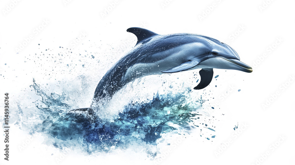 Obraz premium Dolphin jumping out of water, creating splashes and waves in motion