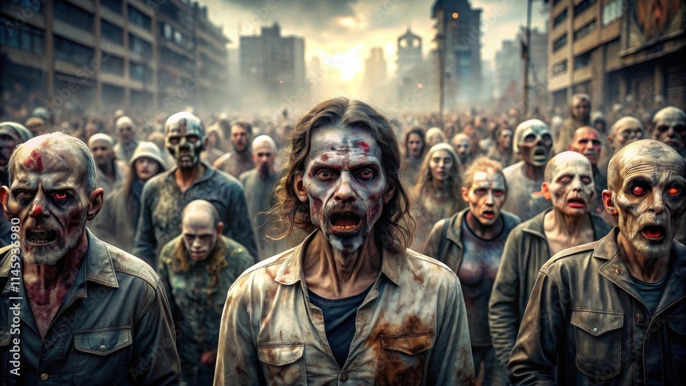A detailed stock photo of a horde of zombies in a post-apocalyptic setting , zombie apocalypse, undead A detailed stock photo of a horde of zombies in a post-apocalyptic setting , zombie apocalypse, undead