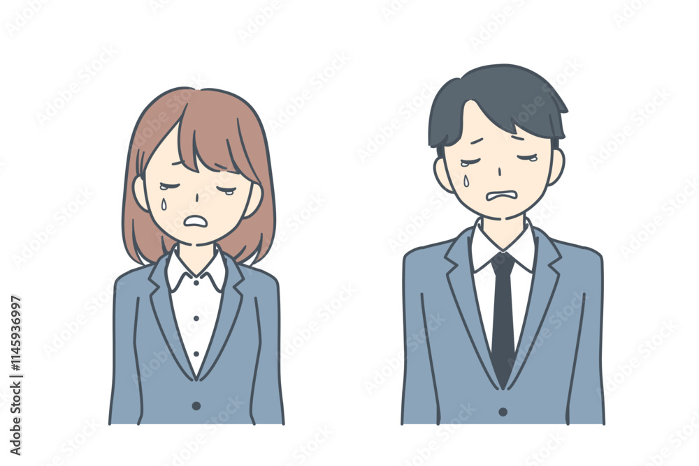 悲しそうに俯くビジネスマンとビジネスウーマン 悲しそうに俯くビジネスマンとビジネスウーマン