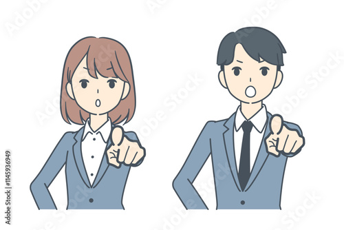 真剣な表情で前方を指さすビジネスマンとビジネスウーマン 