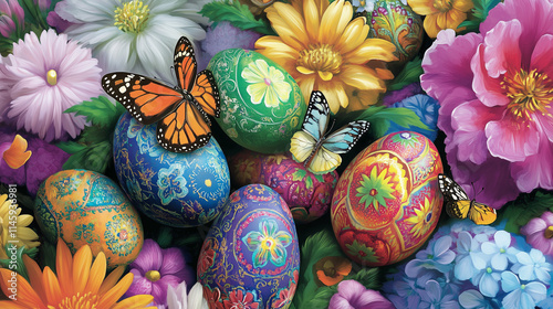 Colorful Easter eggs surrounded by vibrant spring flowers and butterflies, creating a cheerful and festive atmosphere. Perfect for Easter or spring designs. photo