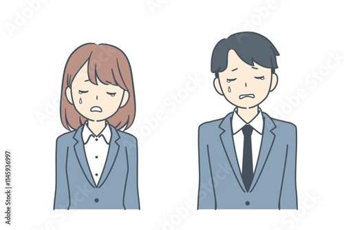 悲しそうに俯くビジネスマンとビジネスウーマン