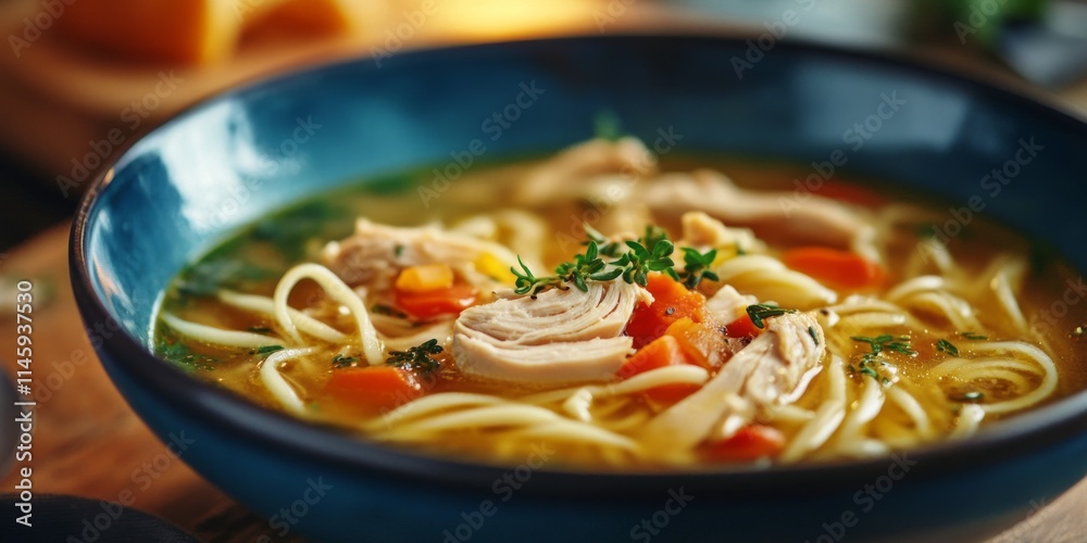 Chicken soup with noodles elegantly presented in a blue bowl. This comforting dish of chicken soup delivers warmth and flavor, perfect for any occasion with its delightful broth. Chicken soup with noodles elegantly presented in a blue bowl. This comforting dish of chicken soup delivers warmth and flavor, perfect for any occasion with its delightful broth.