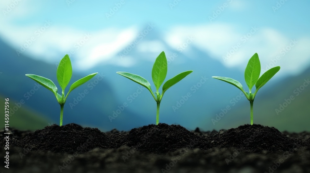 Three green seedlings emerging from dark soil against a blurred mountain backdrop. Three green seedlings emerging from dark soil against a blurred mountain backdrop.